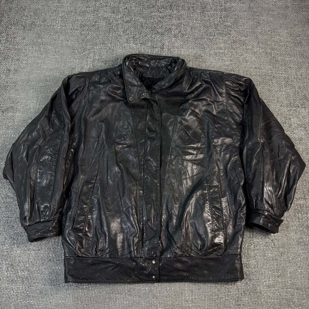 Vintage Leather Bomber Jacket Mens Medium Black 80s 90s Batwing Oversized